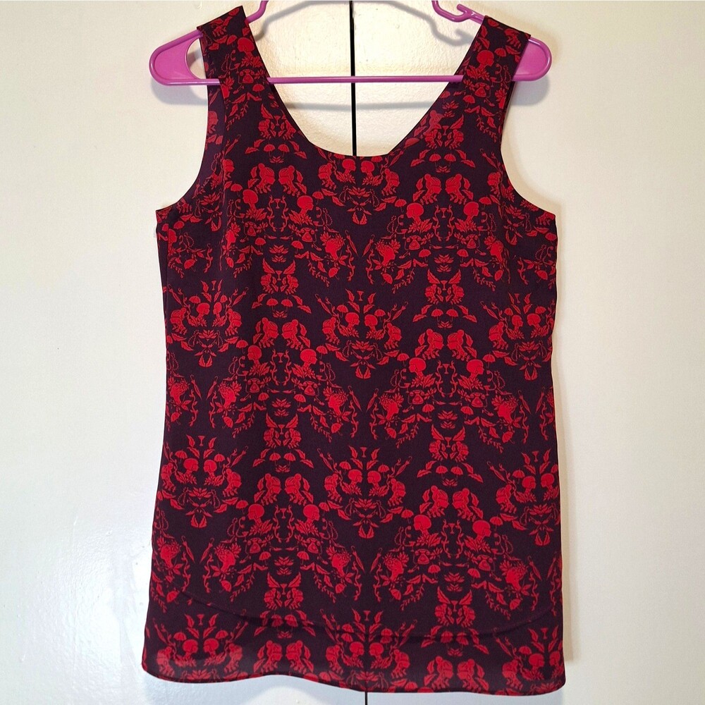 Cabi XS Cameo Floral Chiffon Red Wine Layered Tank Top Scoop Neck Style 3258